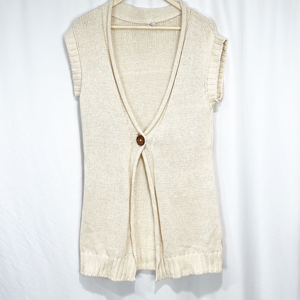 Margaret O’Leary Cream Single Button Long Cardigan w Short Sleeves Open Front L